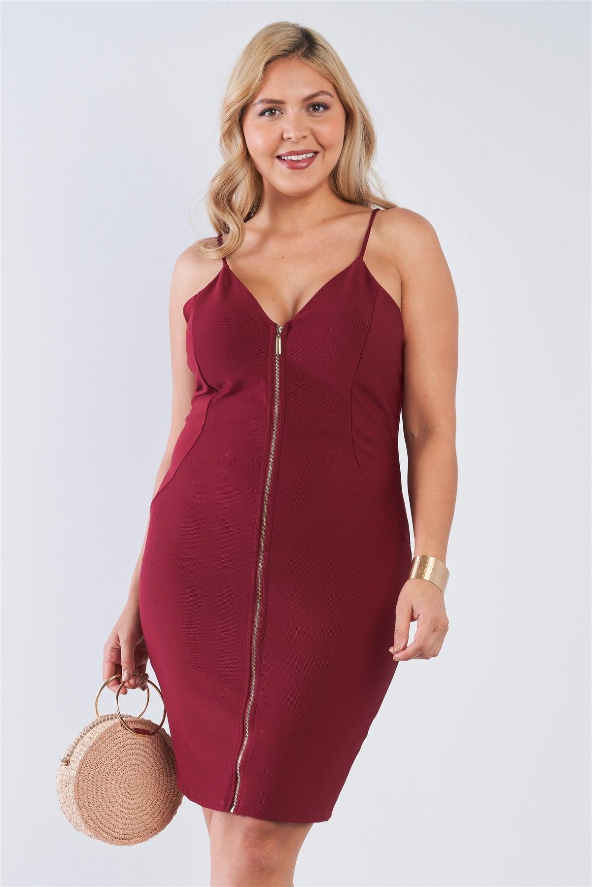 Wholesale Junior Plus Size Burgundy V-Neck Zip Up Bodycon Midi Dress /2-2-2