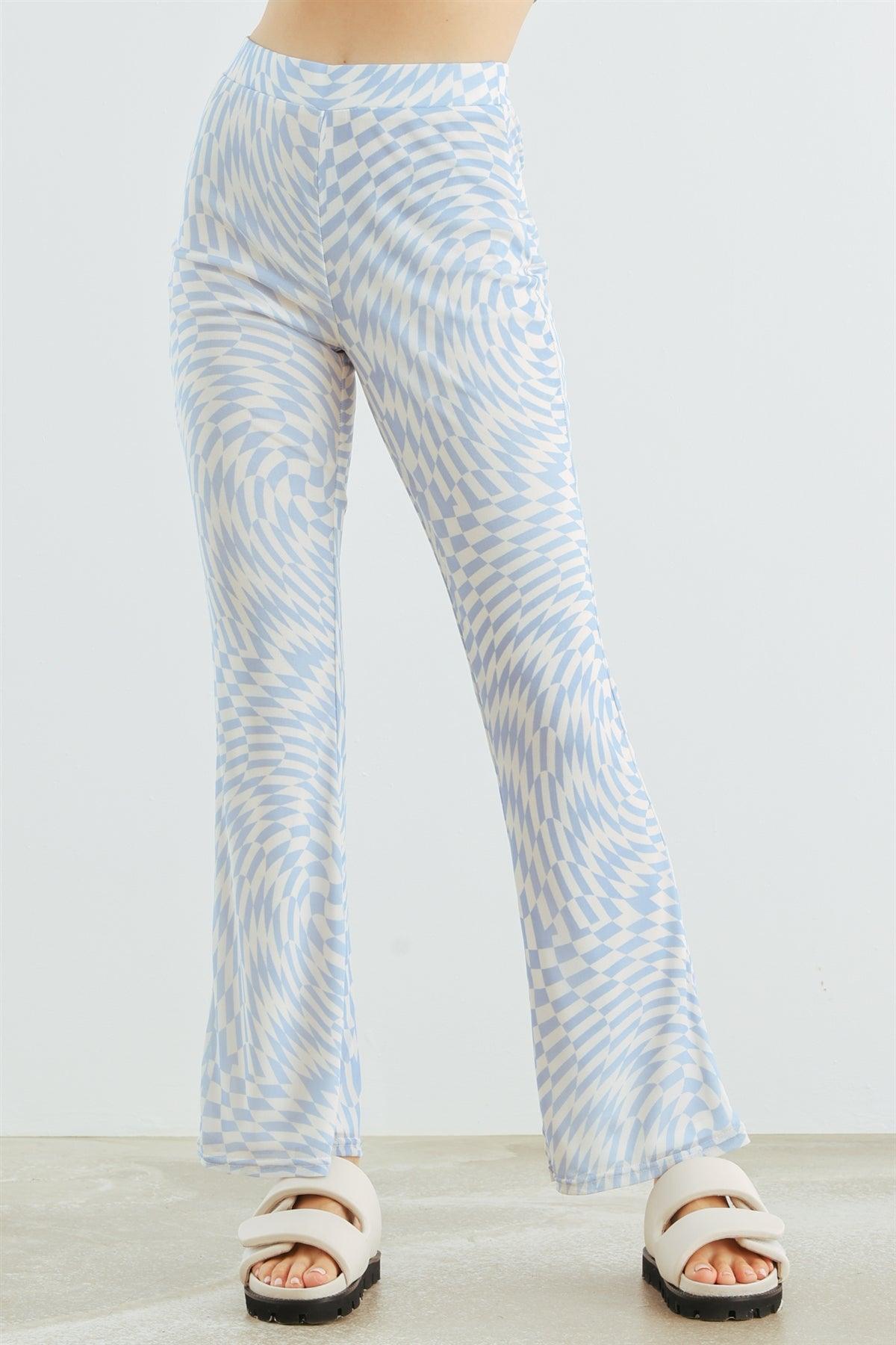 Wholesale White & Blue Abstract Print Mesh High Waist Pants /1-2-2-1