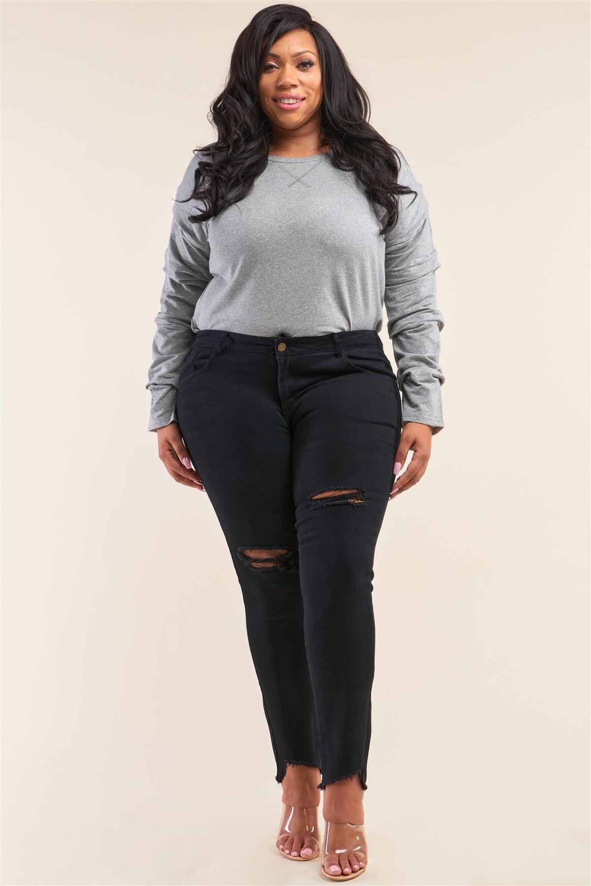 Wholesale Plus Size Solid Black Low-Mid Rise Tight Fit Ripped Denim Jeans