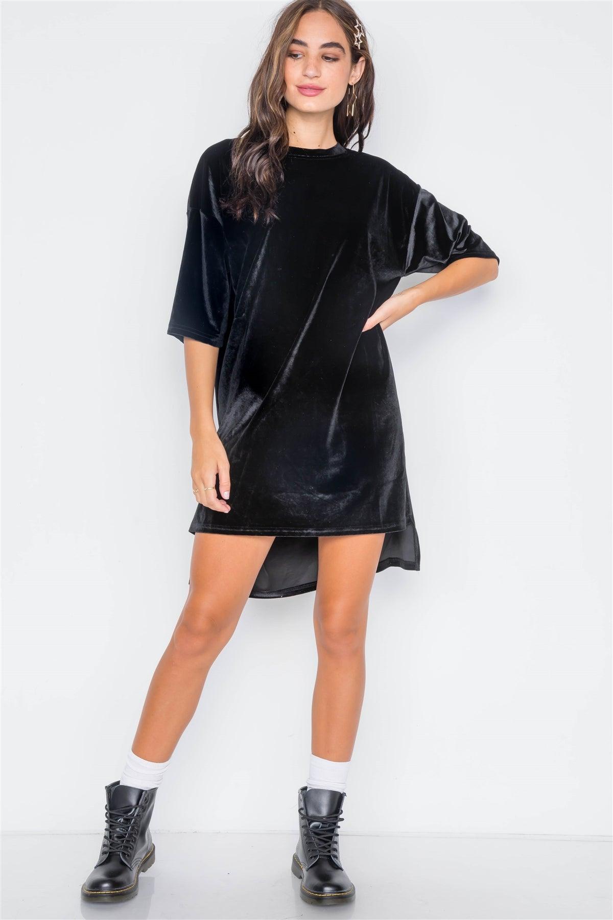 Wholesale Black Velvet Oversized Short Sleeve Shirt Dress