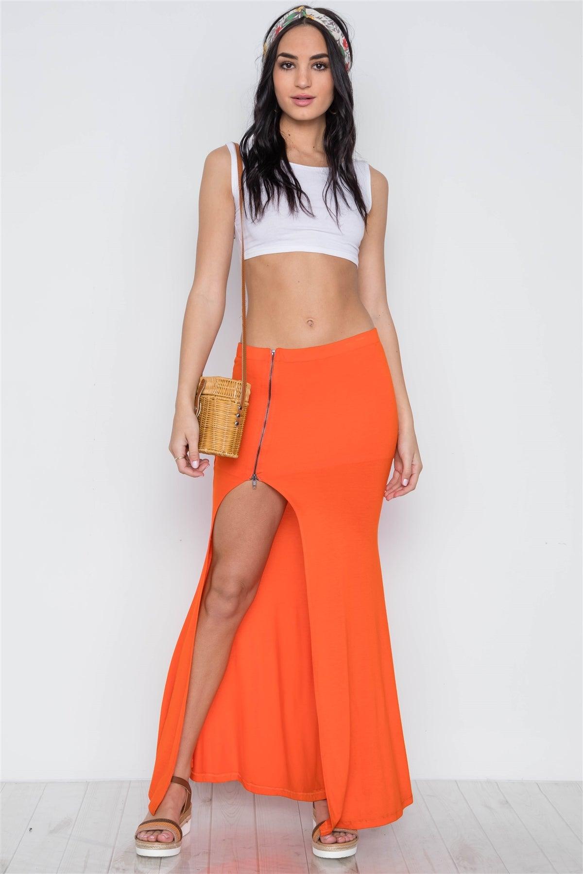 Wholesale Orange Solid Zip Front Side Slit Maxi Skirt