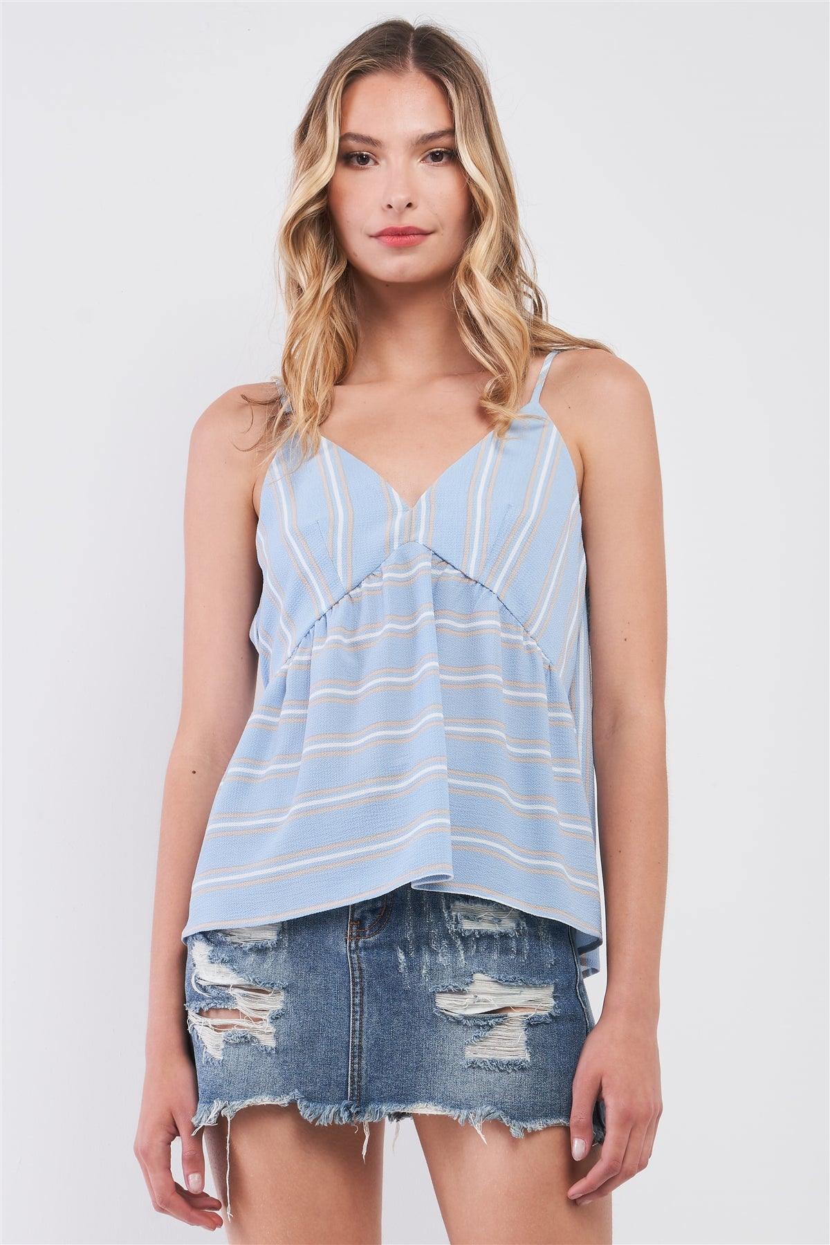 Sky Blue & White Striped V-Neck Sleeveless Back Wrap Self-Tie String Top  /1-3-2