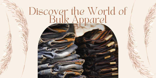 Stacks of folded jeans in various shades of blue and black, with the text 'Discover the World of Bulk Apparel' above. Decorative wheat stalks frame the sides of the image.