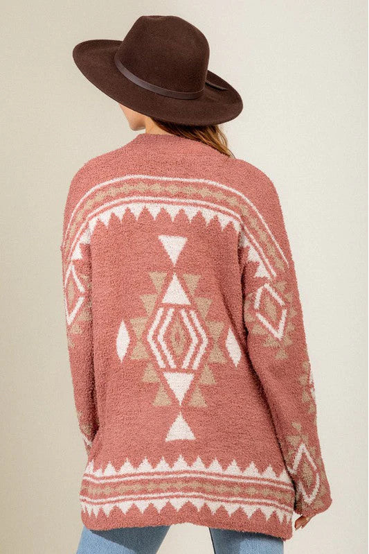 Boho Chic Fuzzy Cardigan with Aztec Geometric Print - Tasha Apparel Wholesale