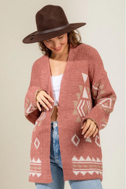 Boho Chic Fuzzy Cardigan with Aztec Geometric Print - Tasha Apparel Wholesale