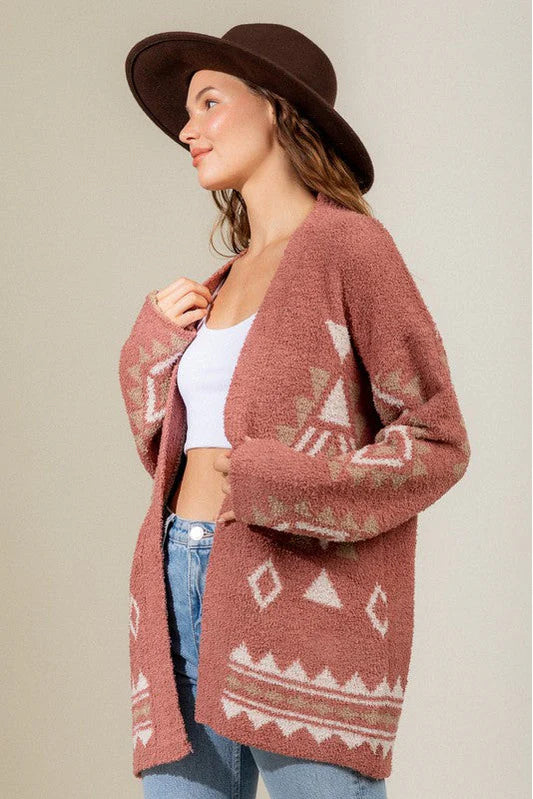 Boho Chic Fuzzy Cardigan with Aztec Geometric Print - Tasha Apparel Wholesale