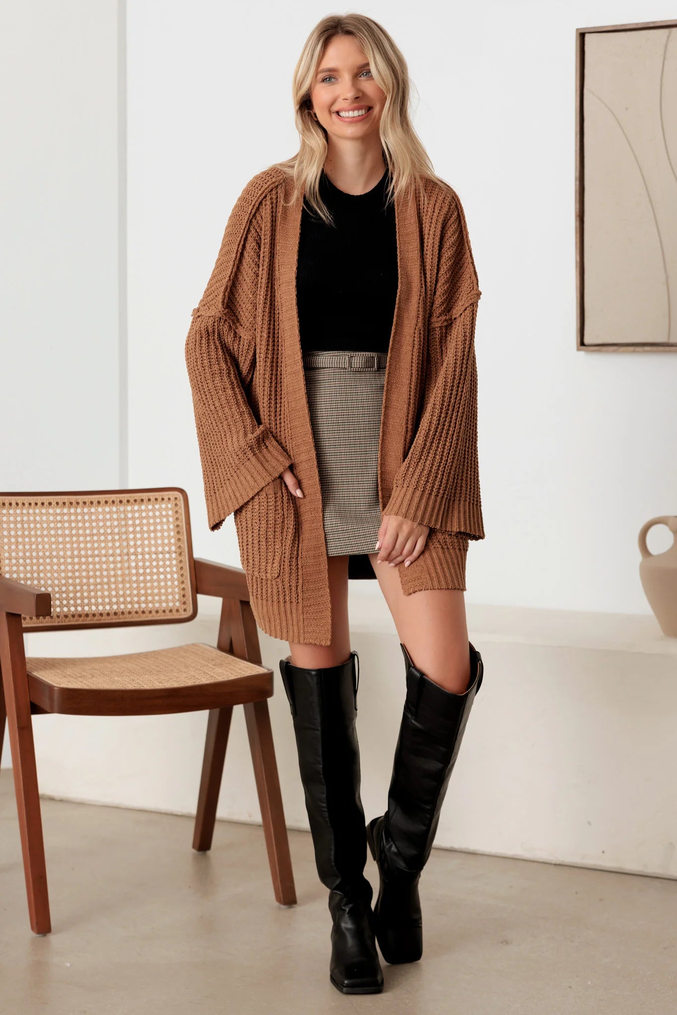 Long Sleeve Two Pocket Open Front Knit Cardigan