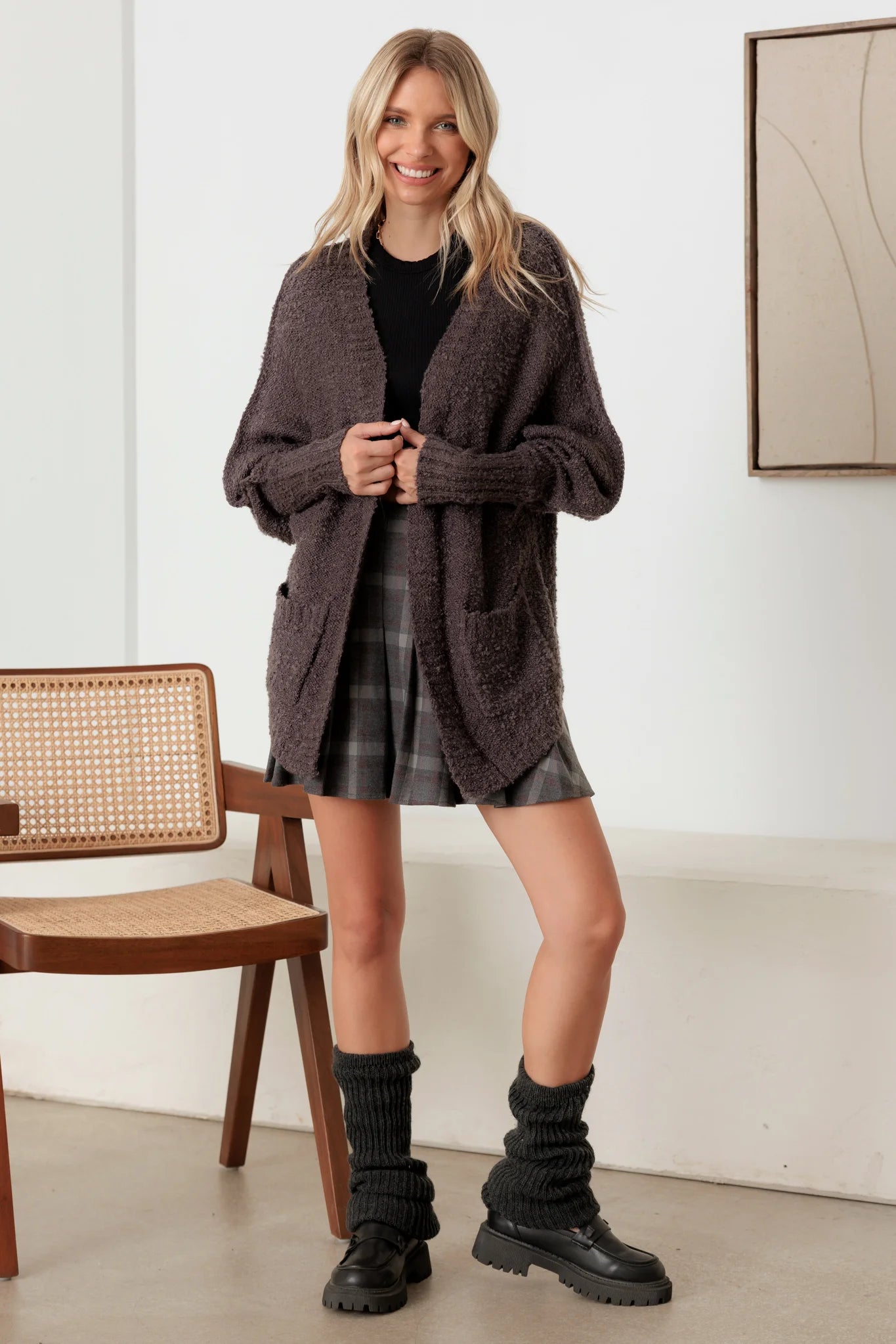 Knit Textured Two Pocket Open Front Cardigan