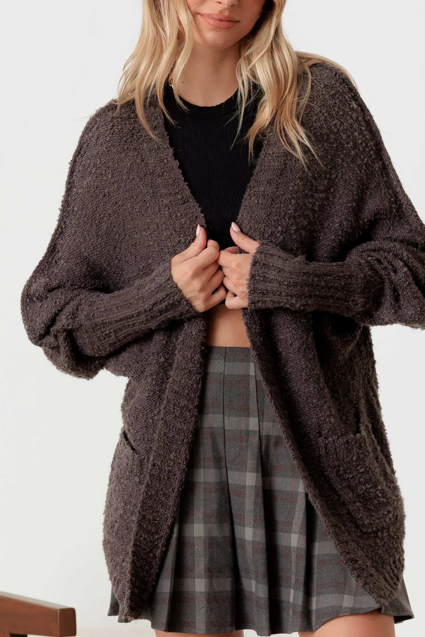 Knit Textured Two Pocket Open Front Cardigan