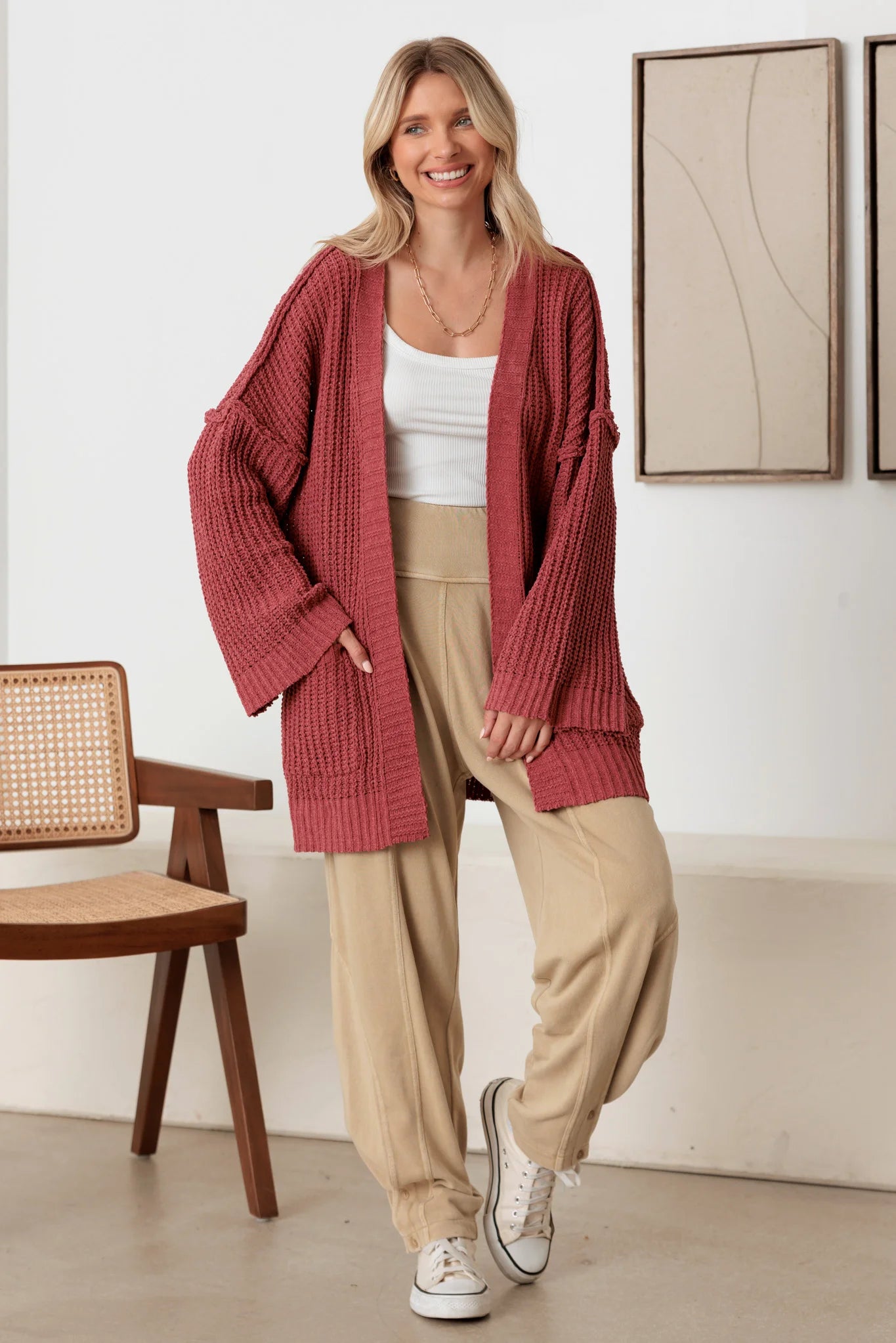 Long Sleeve Two Pocket Open Front Knit Cardigan