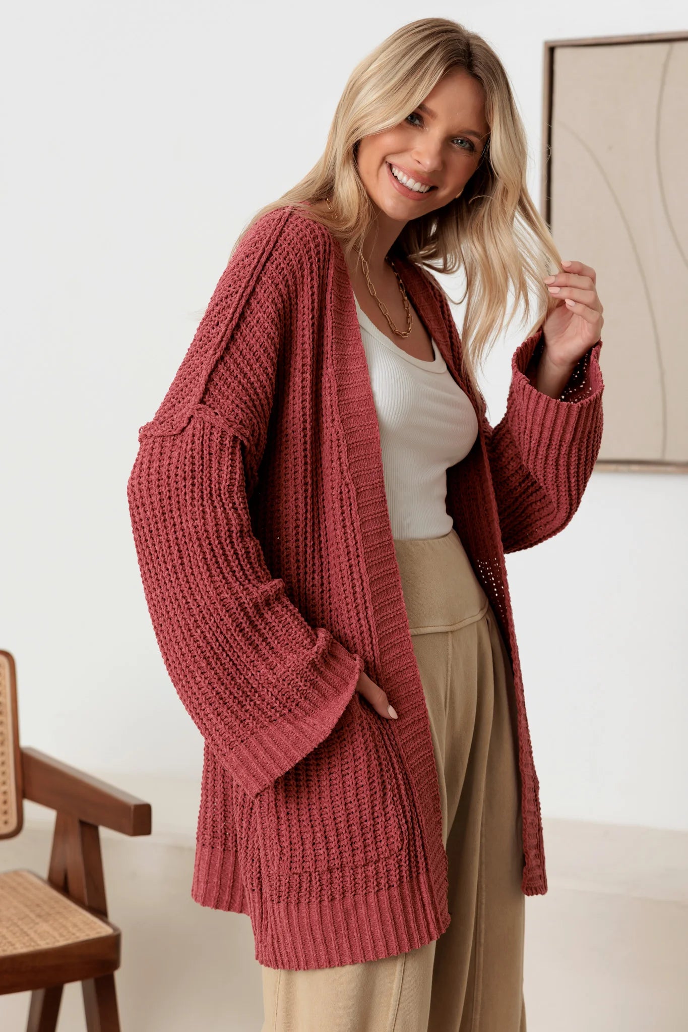 Long Sleeve Two Pocket Open Front Knit Cardigan