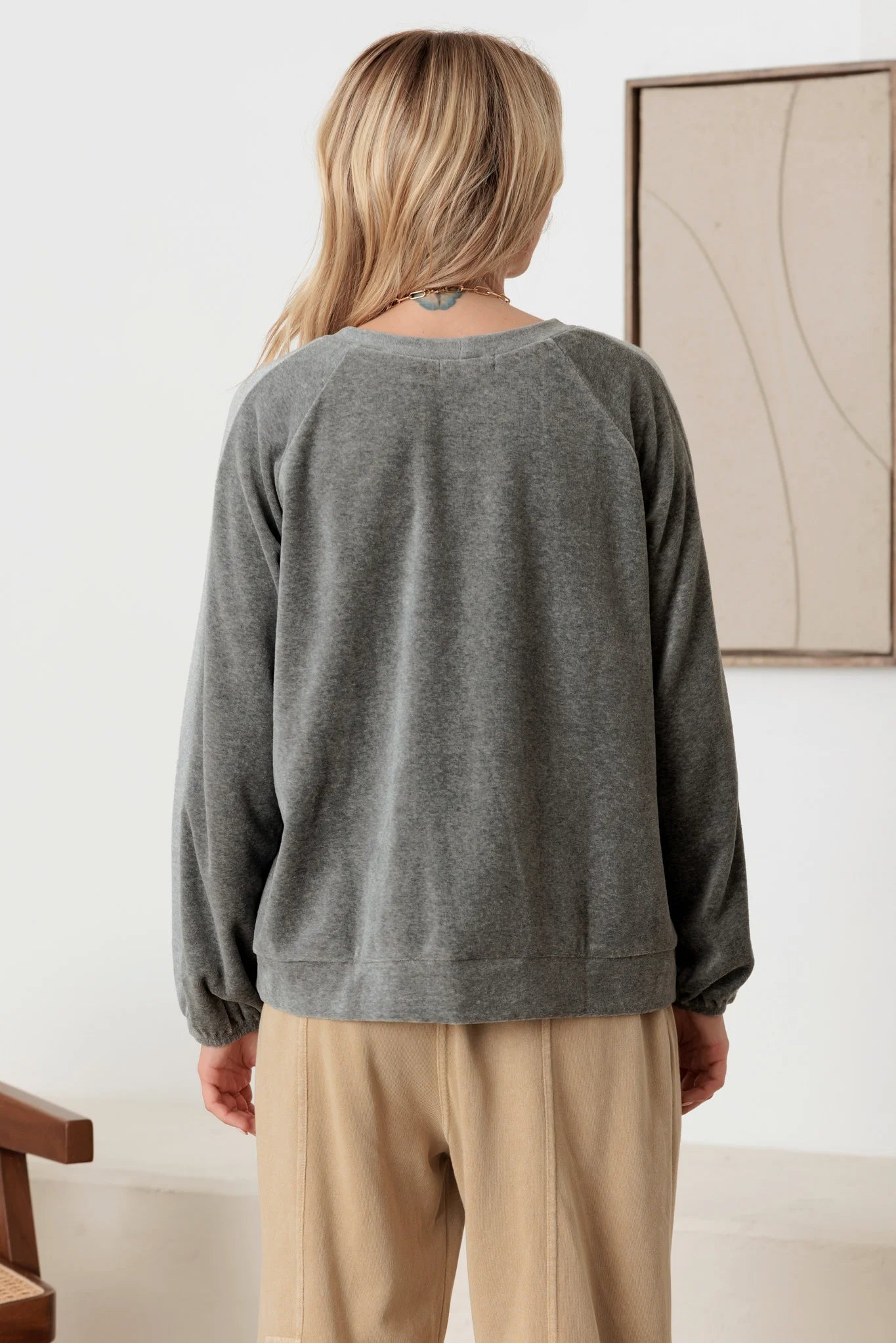 Cotton Blend Velour Balloon Long Sleeve Top