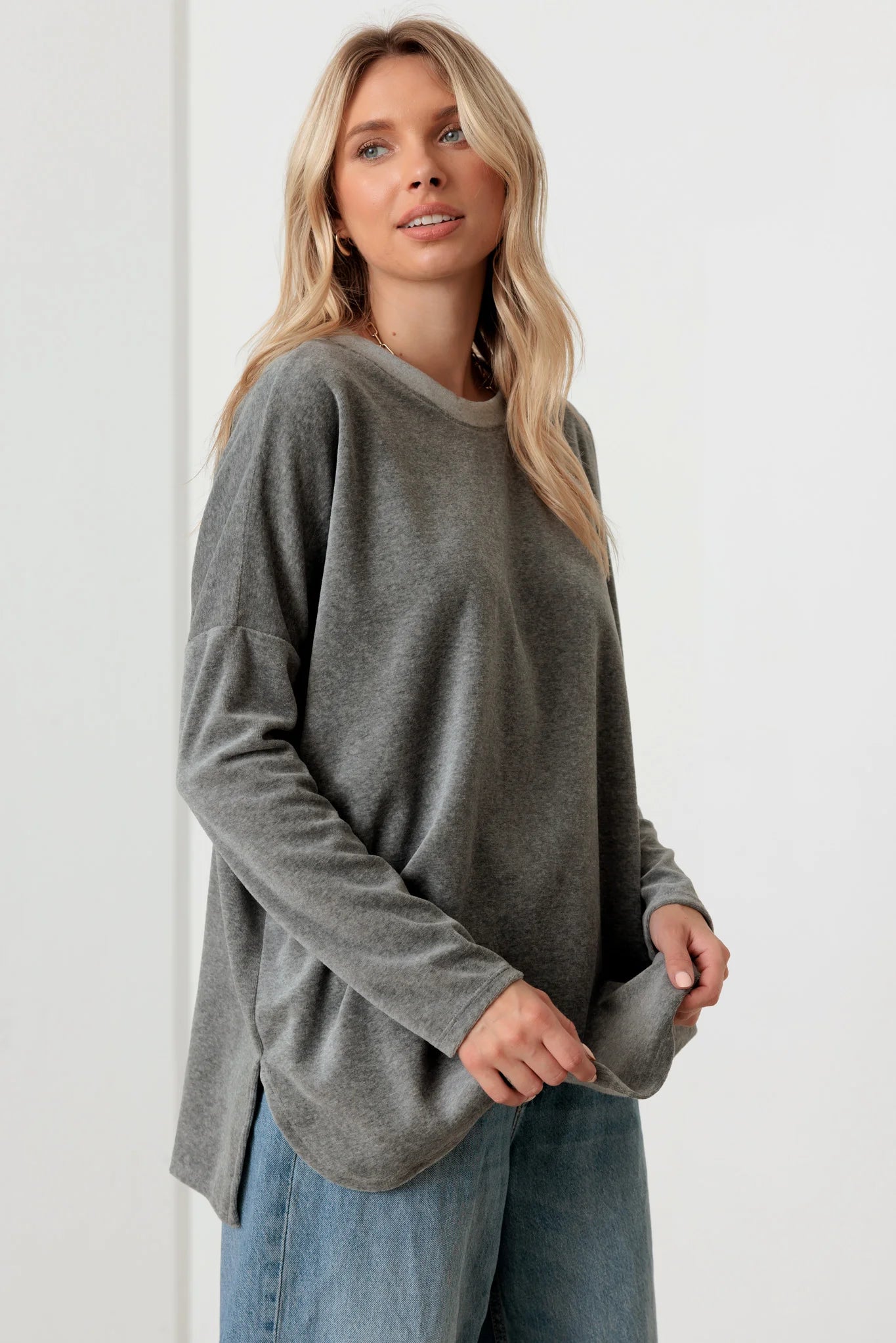 Cotton Blend Velour Long Sleeve Sweatshirt