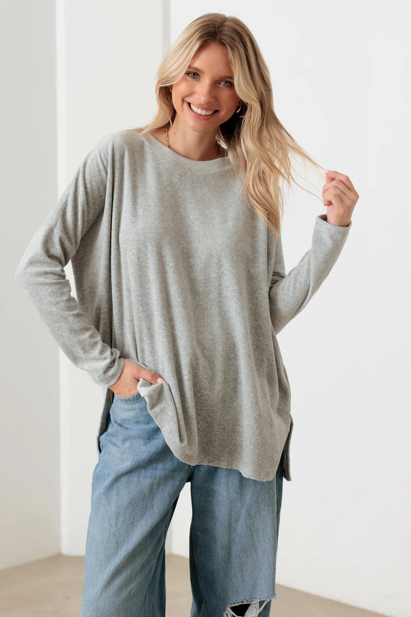 Cotton Blend Velour Long Sleeve Sweatshirt