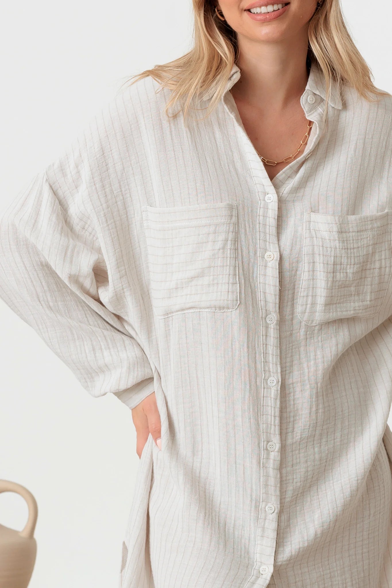 Oversized Pocket High-Low Hem Linen Shirt Dress