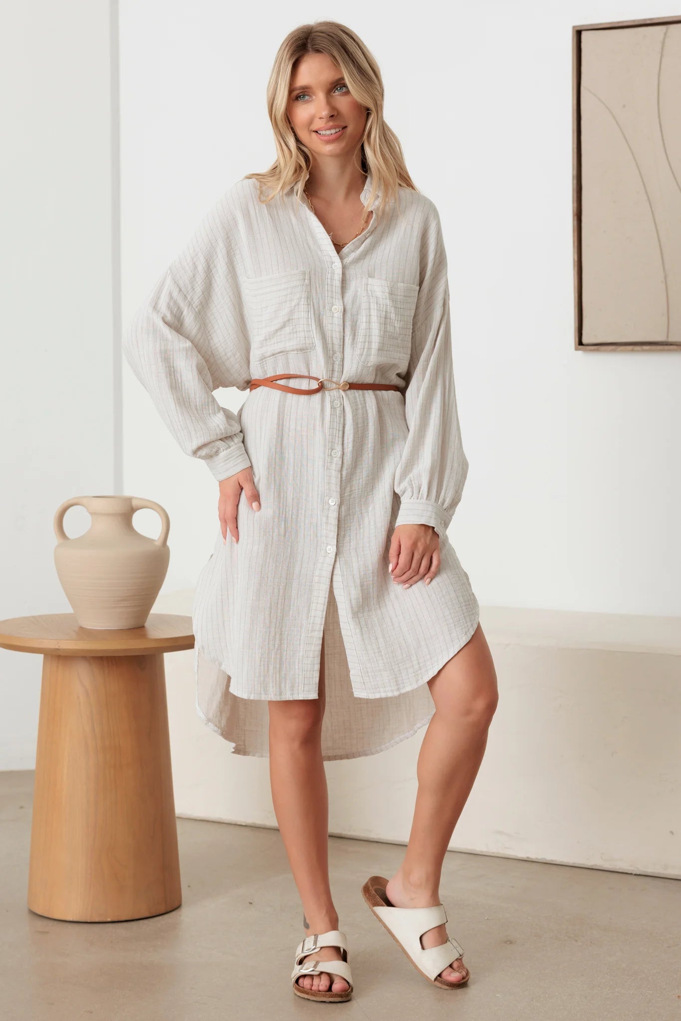 Oversized Pocket High-Low Hem Linen Shirt Dress