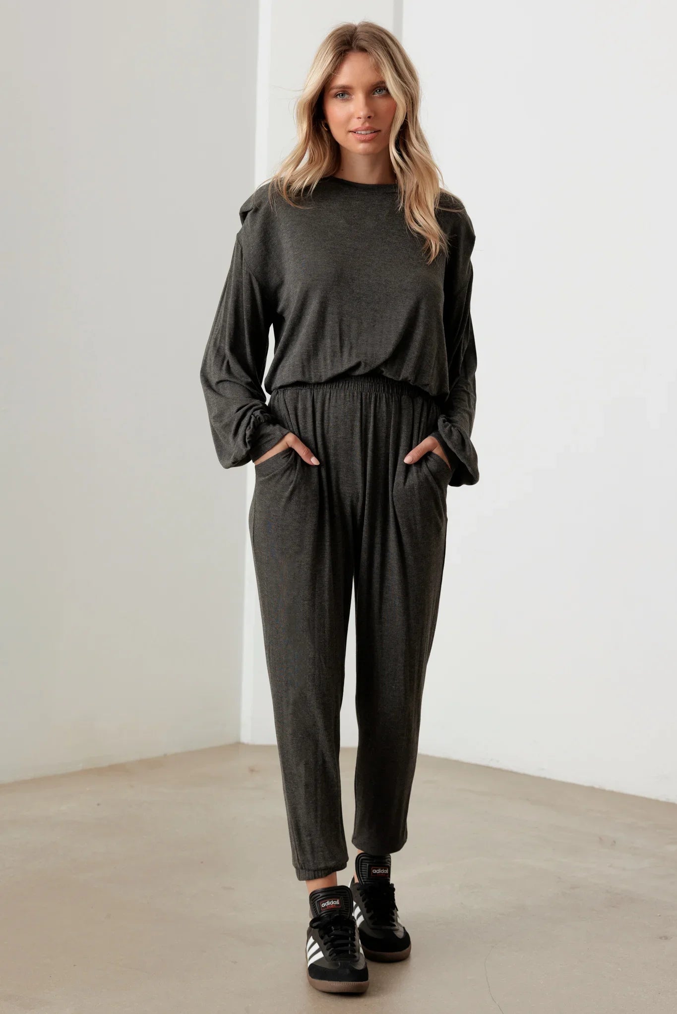 Long Sleeve Shoulder Pad  Elastic Waist Jumpsuit