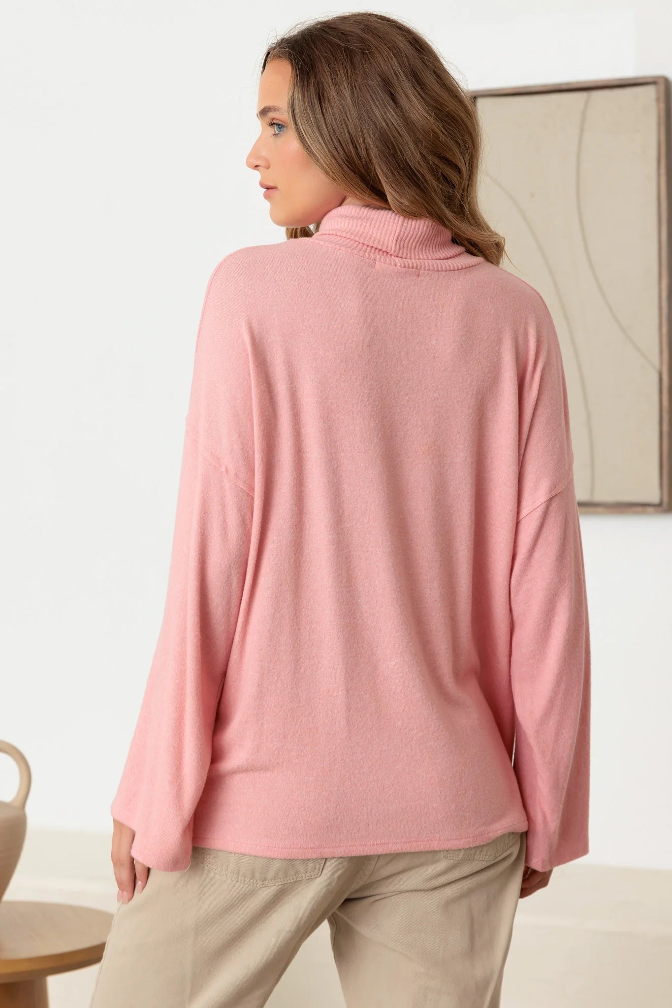 Turtle Neck Wide Long Sleeve Soft Touch Top