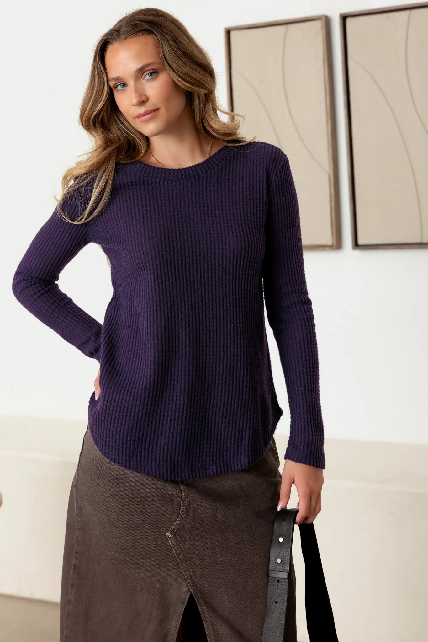 Purple Long Sleeve Crew Neck Soft To Touch Top