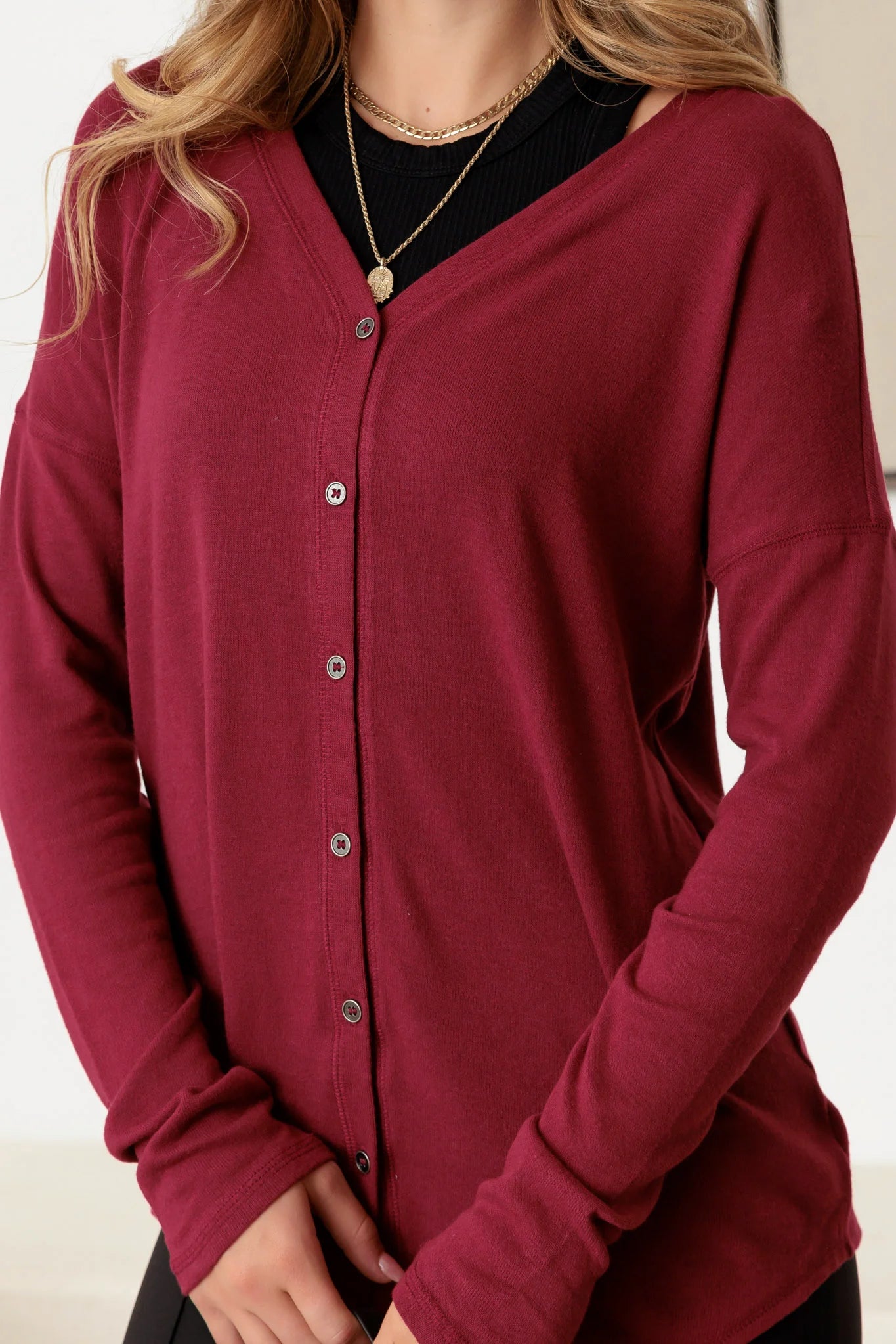 Burgundy V-Neck Long Sleeve Cardigan