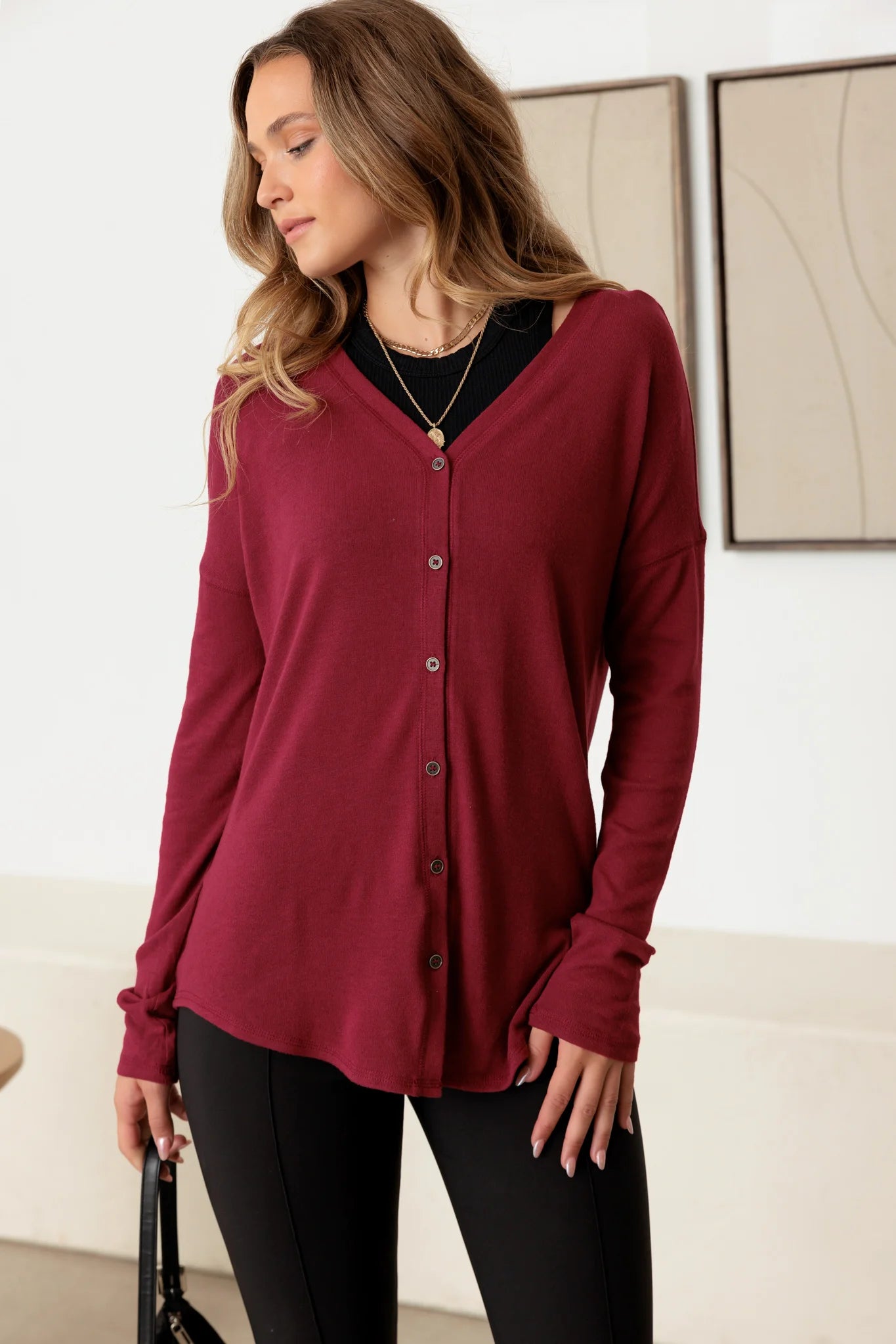 Burgundy V-Neck Long Sleeve Cardigan