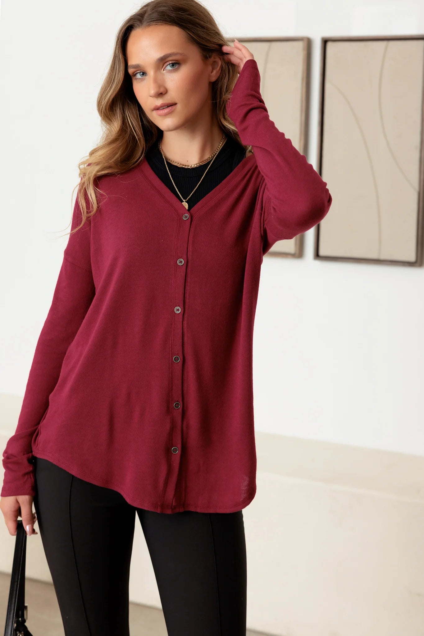 Burgundy V-Neck Long Sleeve Cardigan