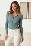 Ribbed Zip-Up Collared Long Sleeve Knit Top