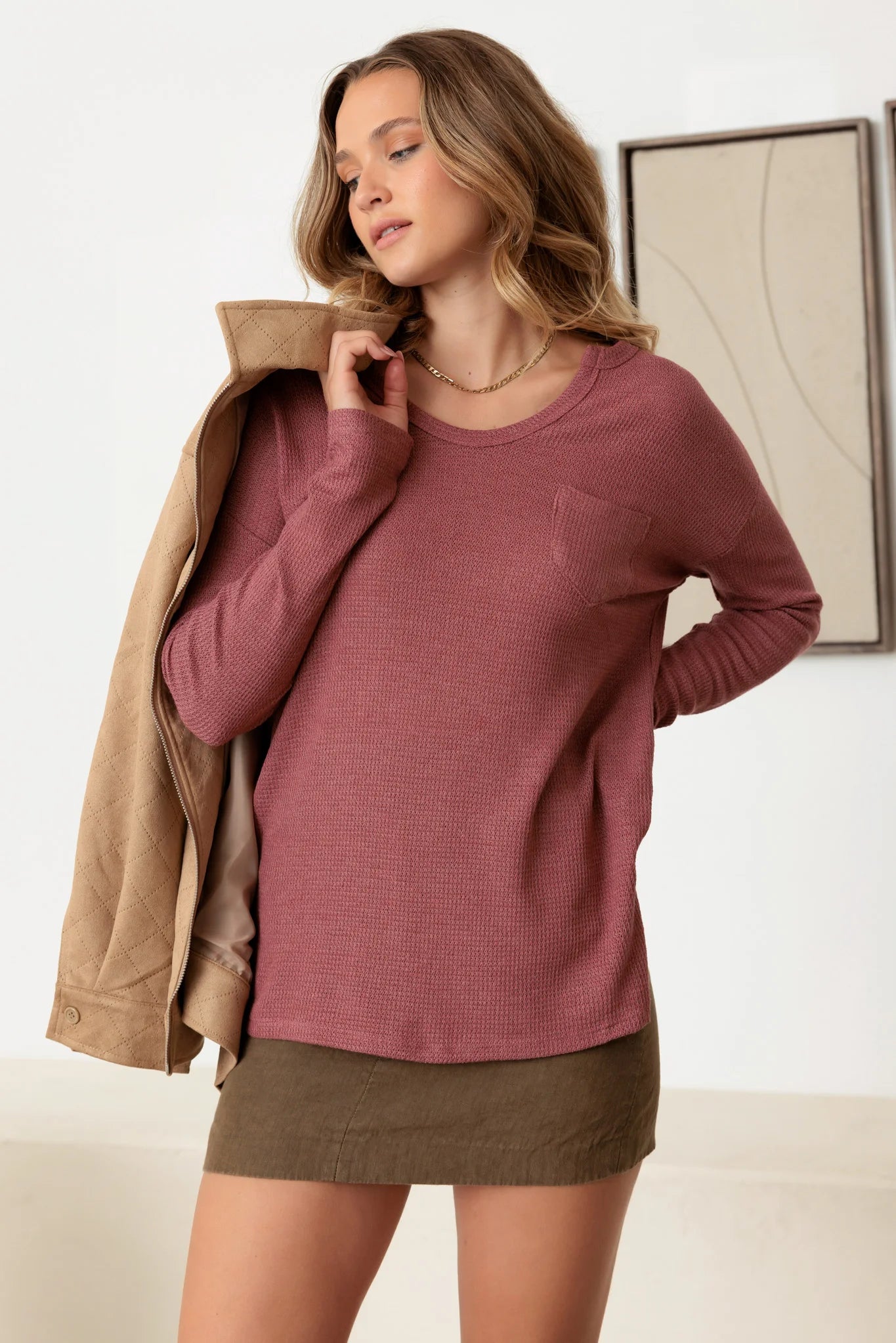 Waffle Knit Front Single Pocket Long Sleeve Top