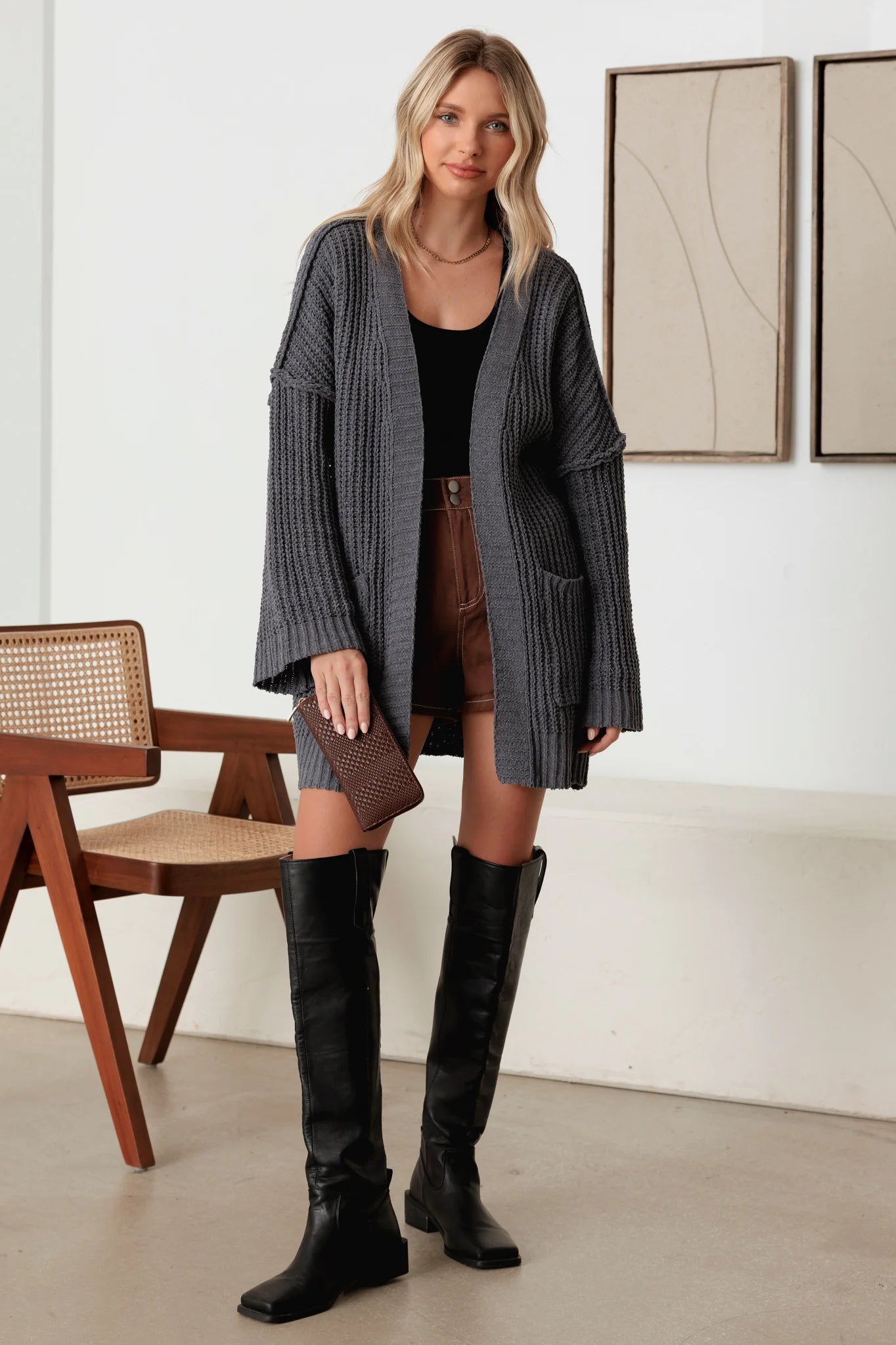 Long Sleeve Two Pocket Open Front Knit Cardigan