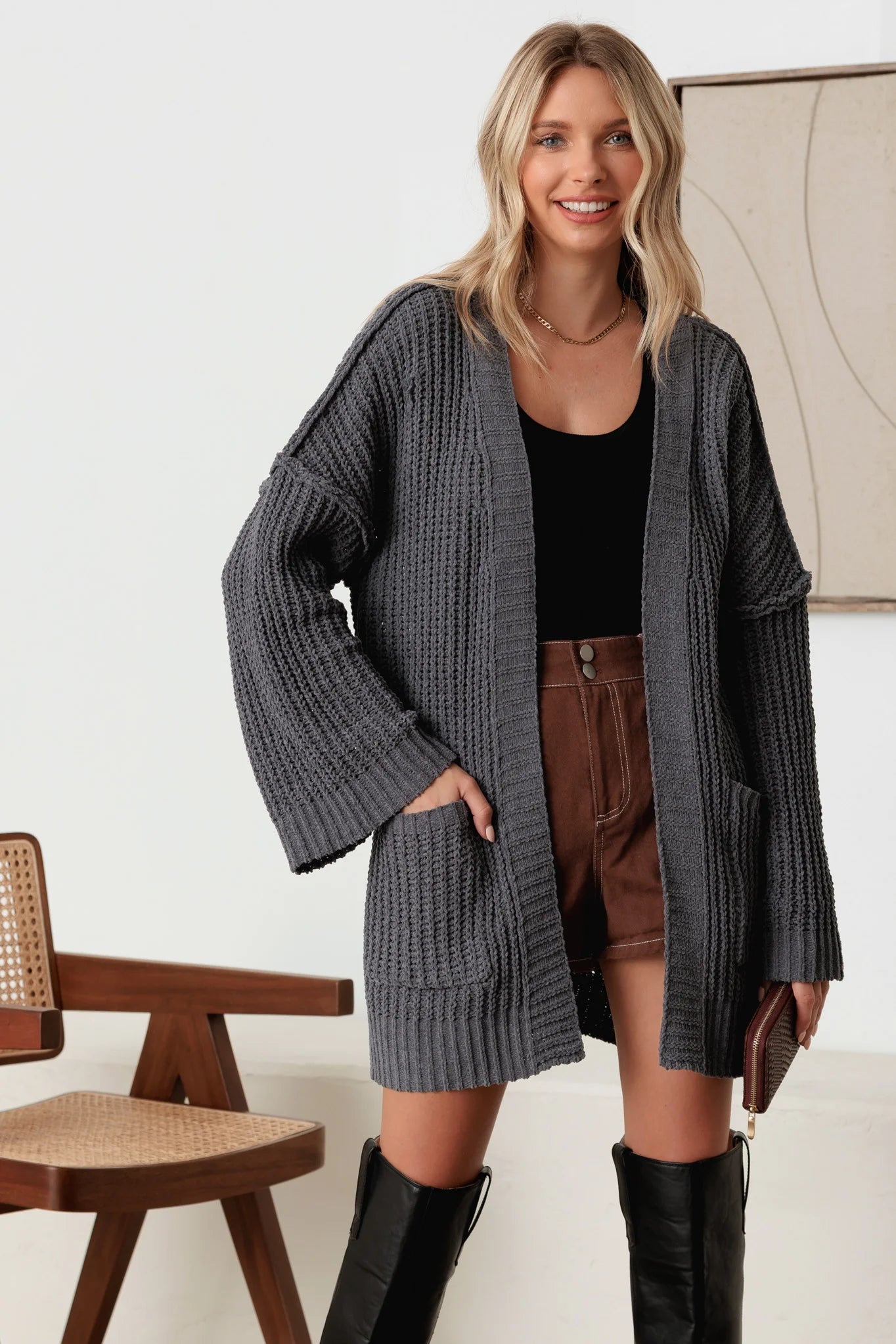 Long Sleeve Two Pocket Open Front Knit Cardigan