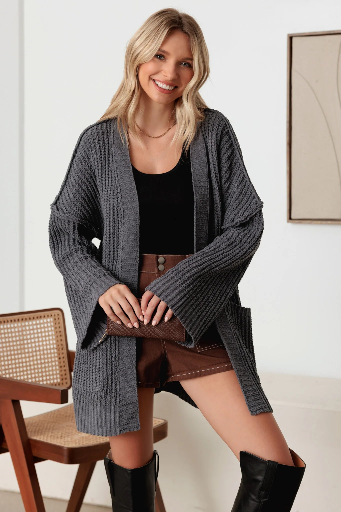 Long Sleeve Two Pocket Open Front Knit Cardigan