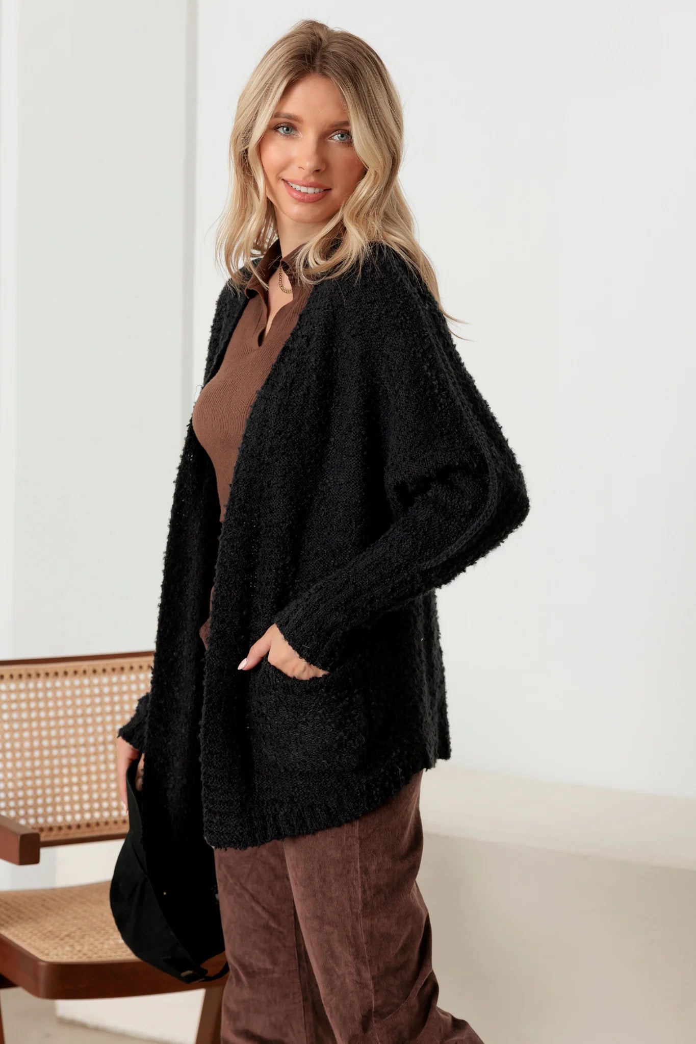 Knit Textured Two Pocket Open Front Cardigan