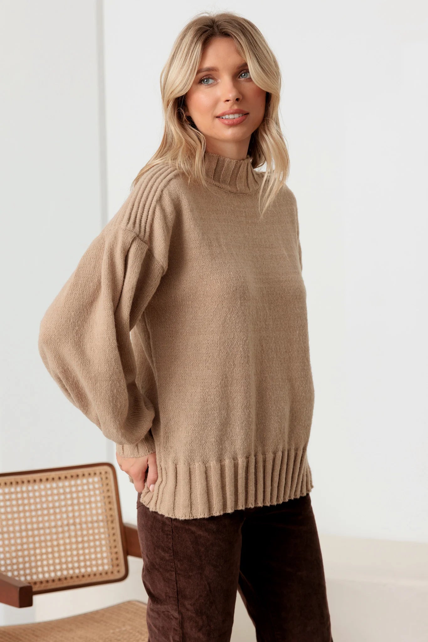 Knit Crew Neck Long Puff Sleeve Sweater