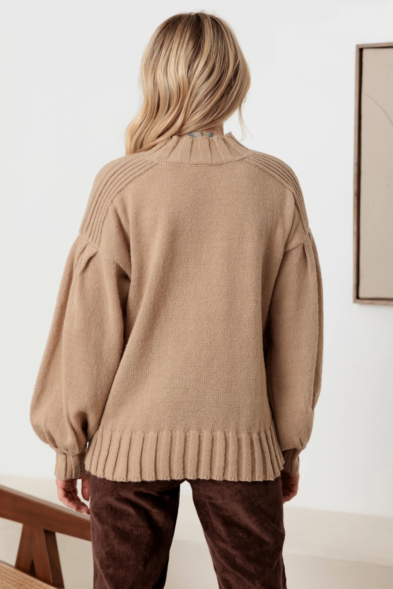 Knit Crew Neck Long Puff Sleeve Sweater