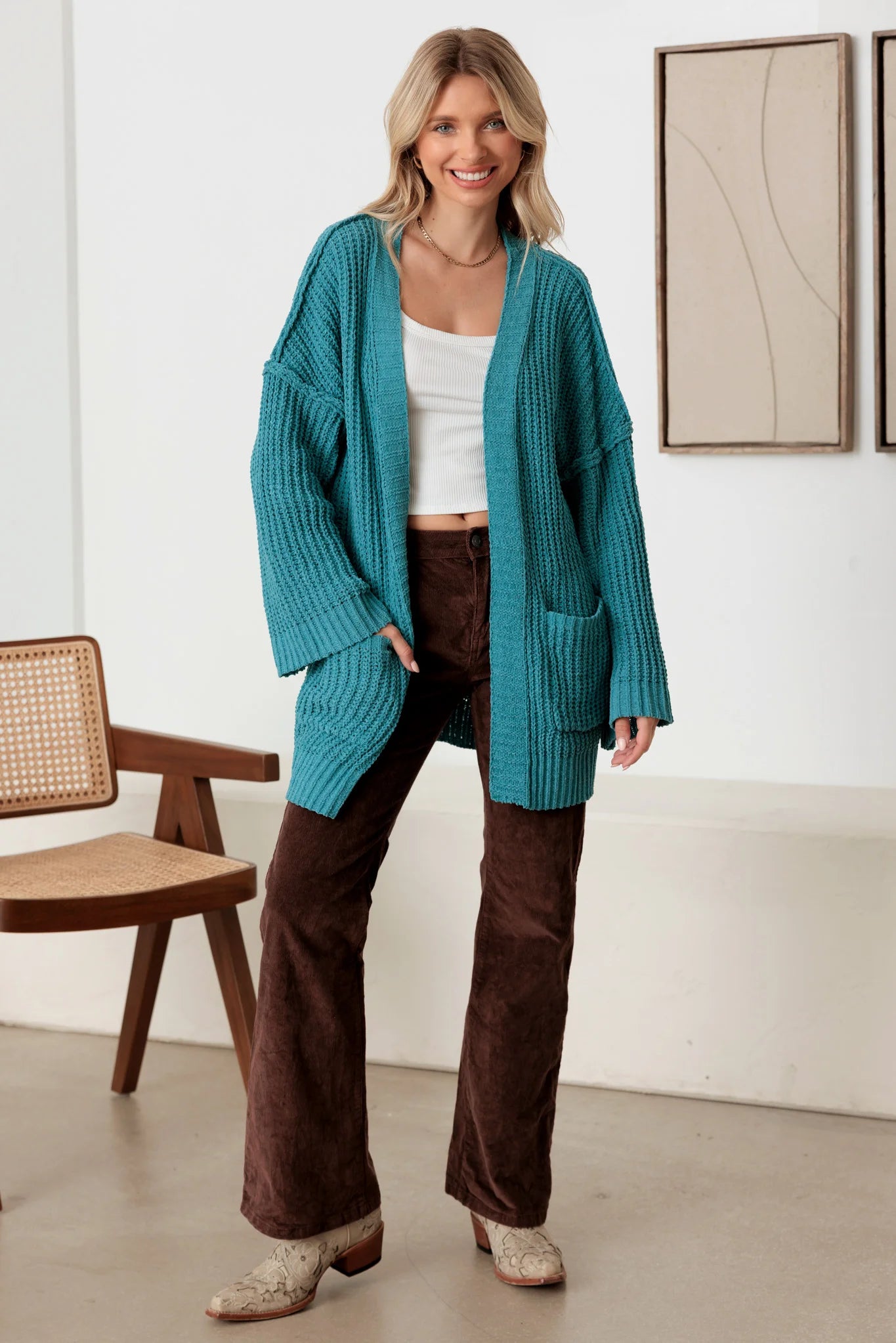 Long Sleeve Two Pocket Open Front Knit Cardigan