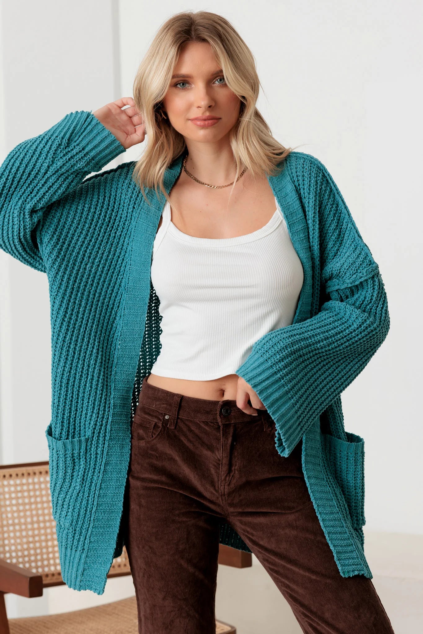 Long Sleeve Two Pocket Open Front Knit Cardigan