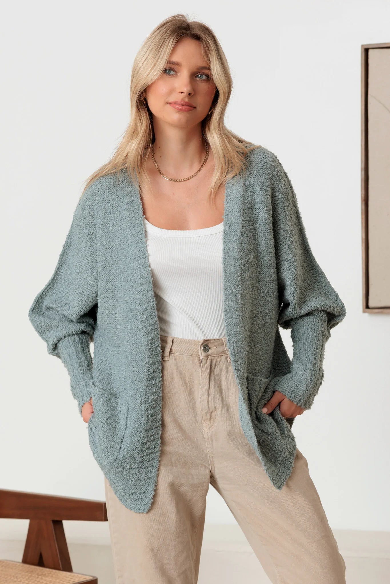 Knit Textured Two Pocket Open Front Cardigan