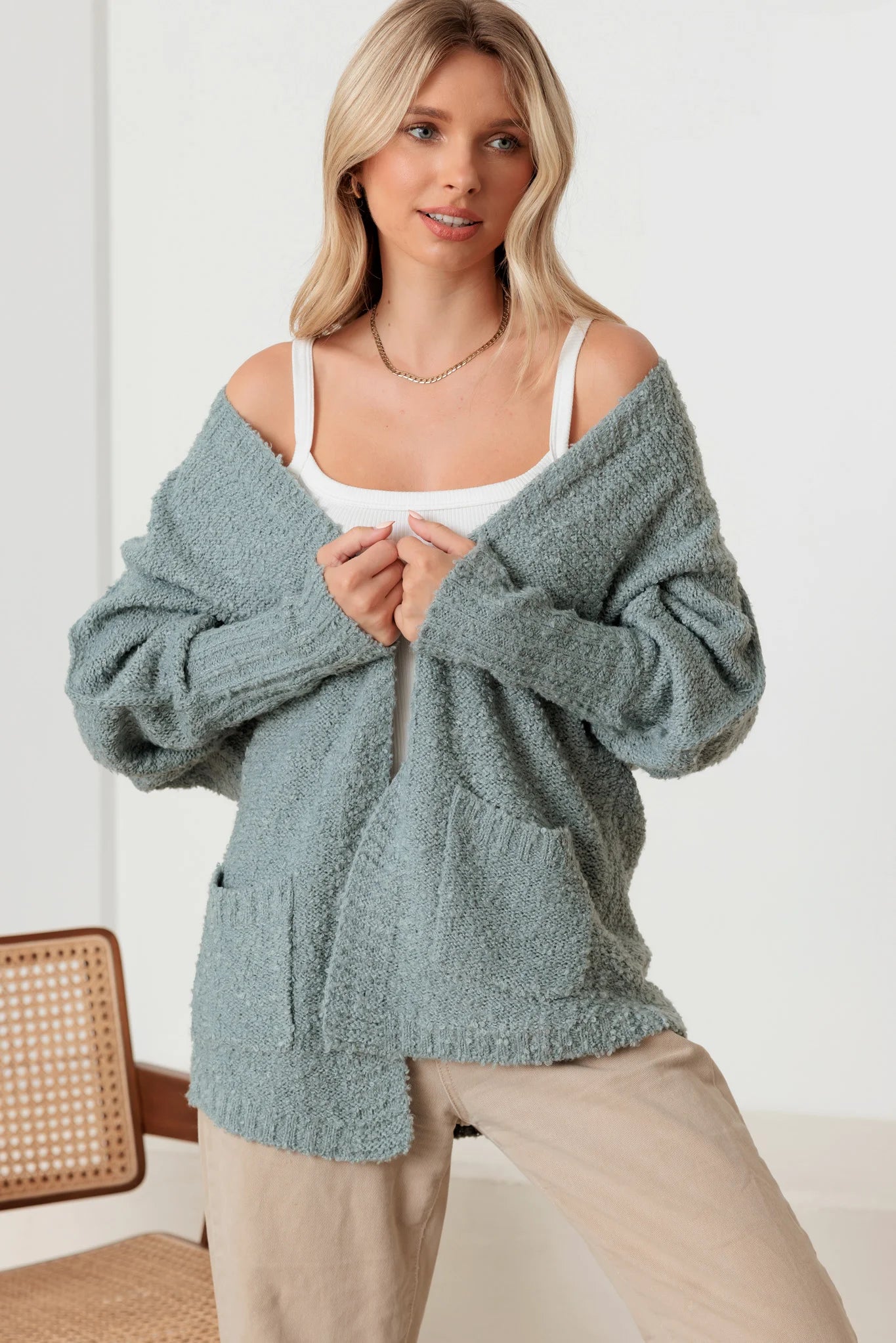 Knit Textured Two Pocket Open Front Cardigan