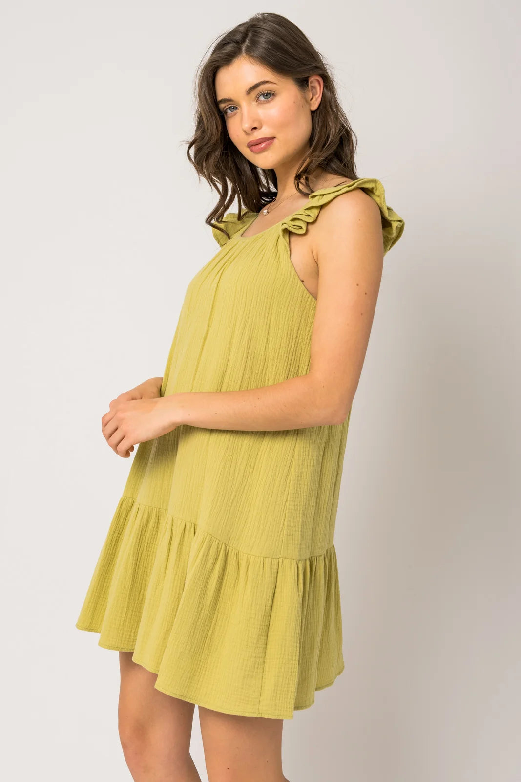 Sleeveless Ruffle Shoulder Shirring Dress