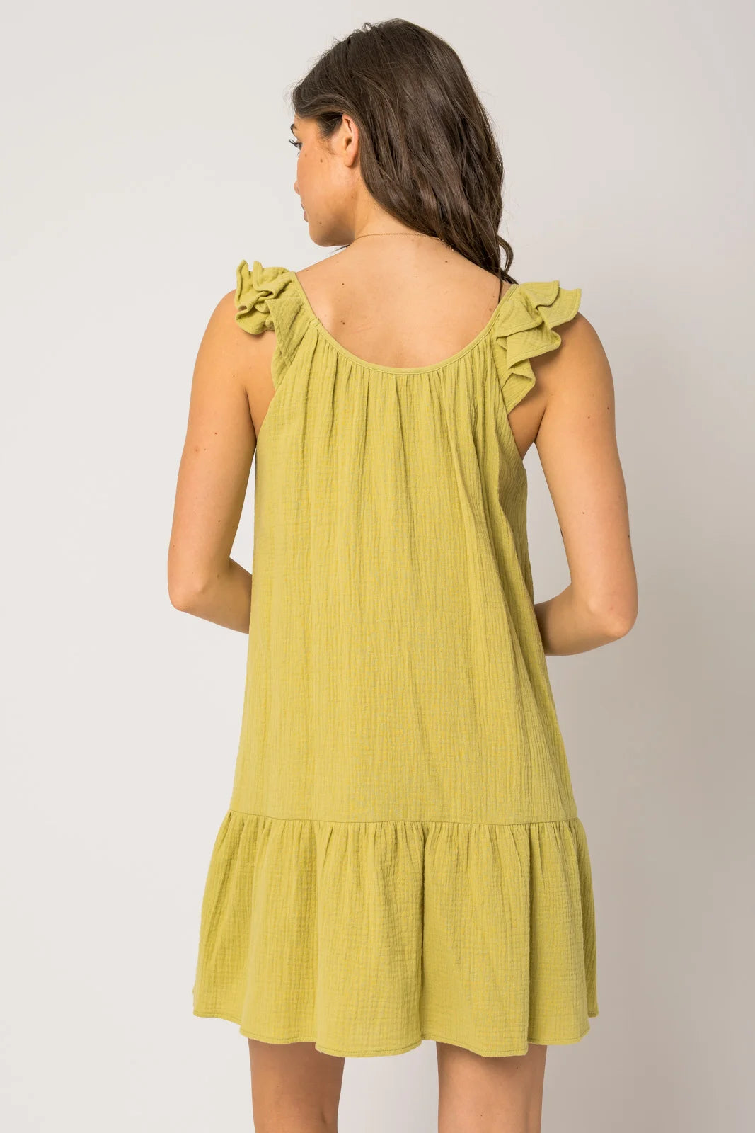 Sleeveless Ruffle Shoulder Shirring Dress