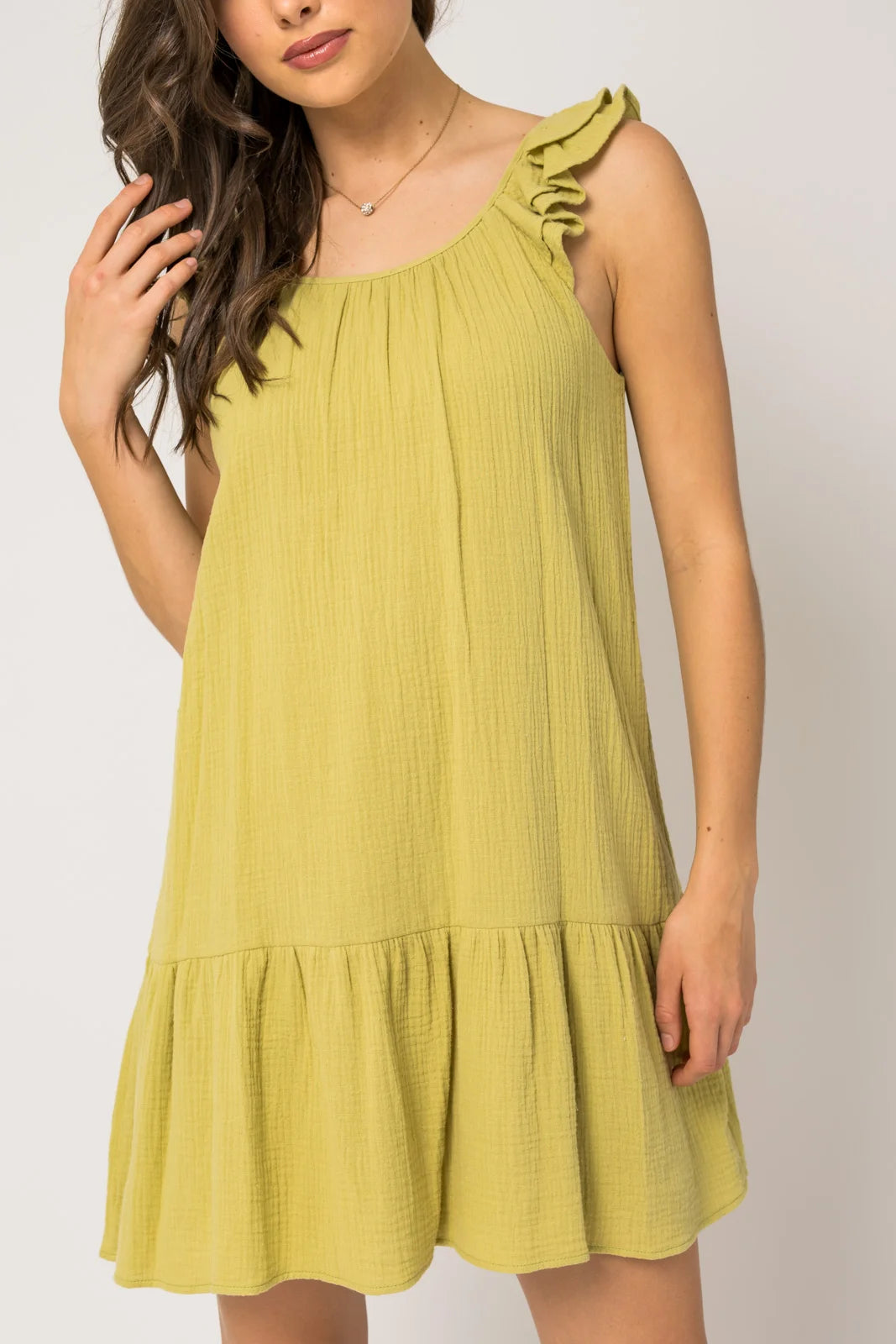 Sleeveless Ruffle Shoulder Shirring Dress