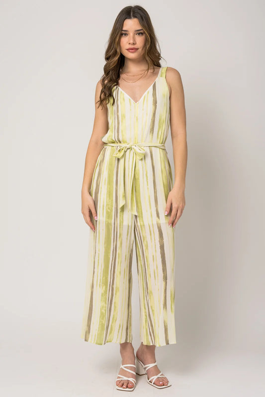 Sleeveless Waist Tie Wide Leg V-Neck Stripe Jumpsuit