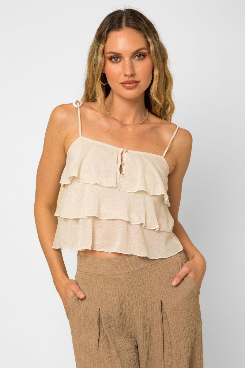 Sleeveless Ruffle Layered Tiered Button Cami Top - Tasha Apparel Wholesale