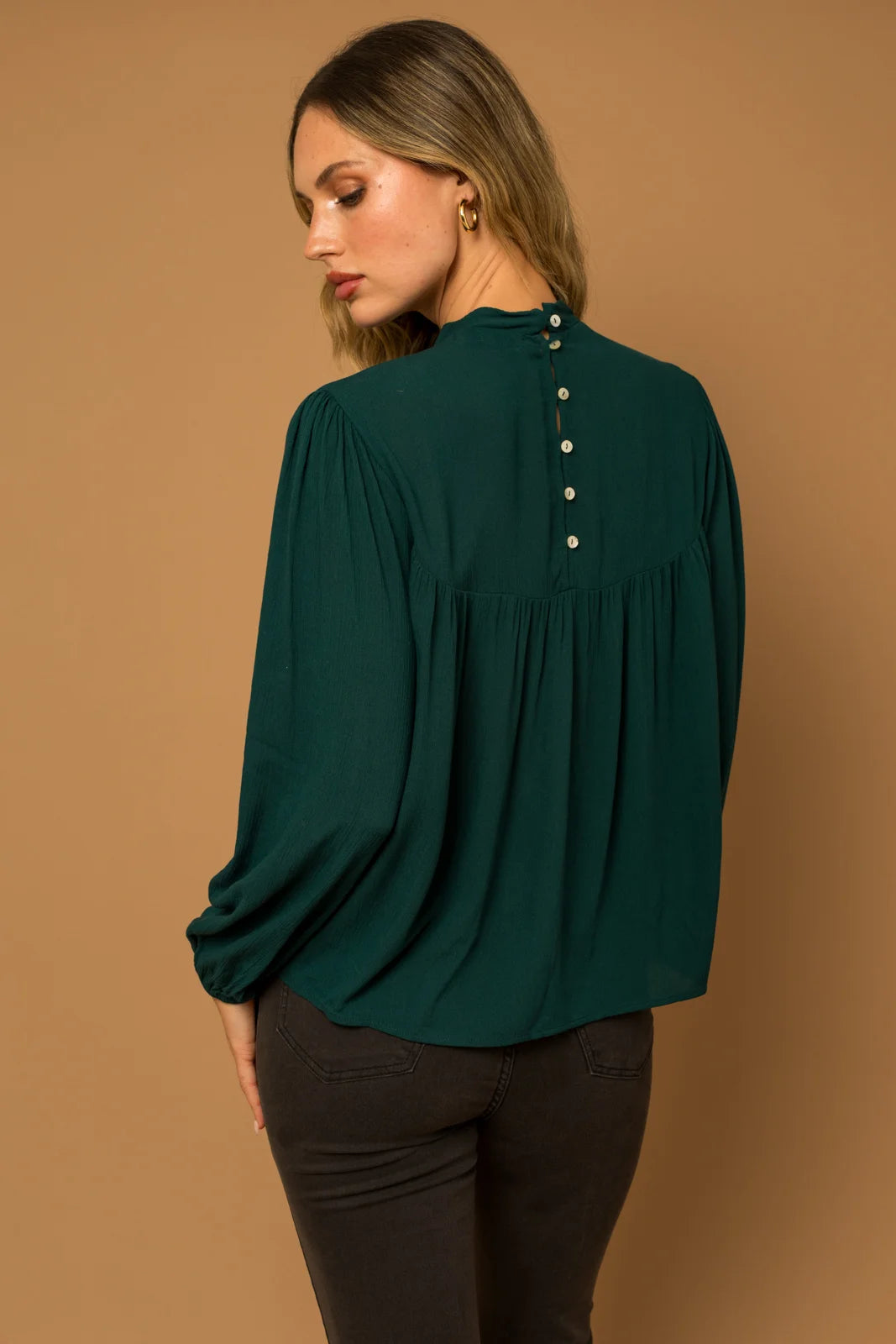 Mock Neck Back Button Down Long Sleeve Top