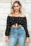 Floral Off-Shoulder Drawstring Blouson Sleeves Crop Top - Tasha Apparel Wholesale