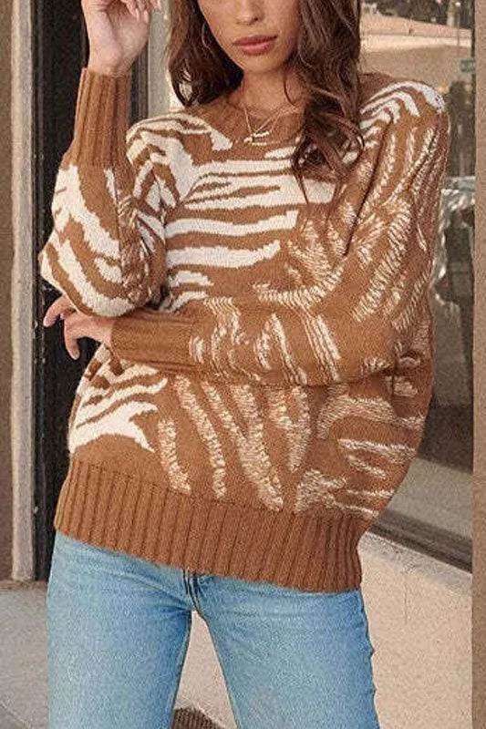 Brown Zebra Knit Square Neck Long Sleeve Sweater - Tasha Apparel Wholesale