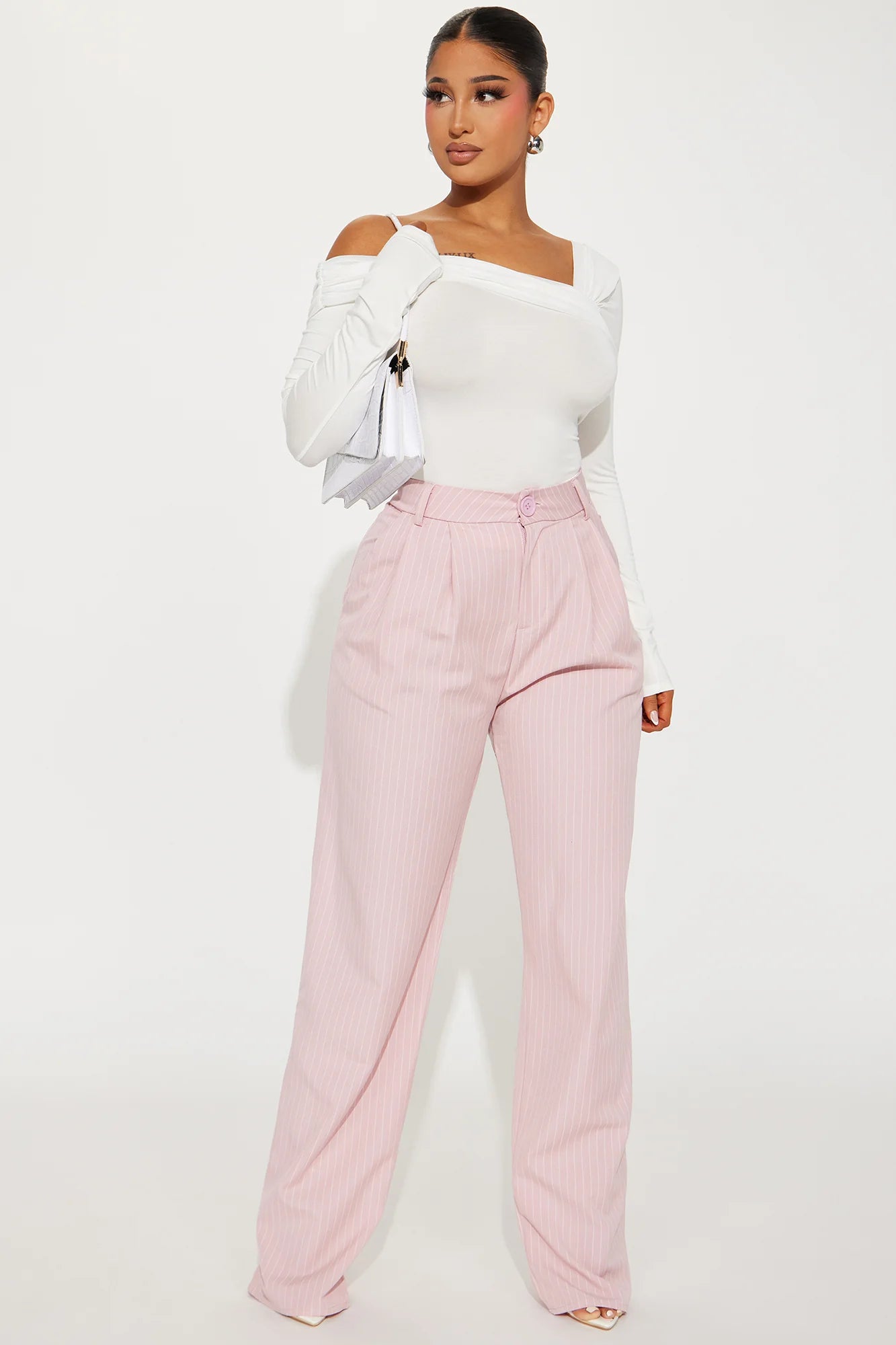 High-Waisted Pinstripe Wide Leg Trousers - Tasha Apparel Wholesale