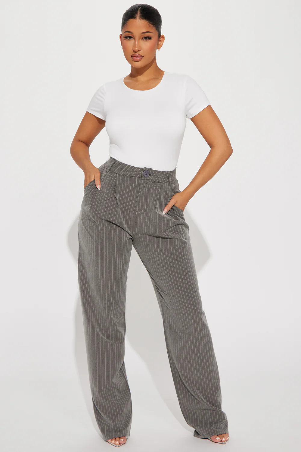 High-Waisted Pinstripe Wide Leg Trousers - Tasha Apparel Wholesale