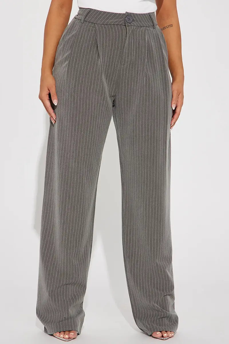 High-Waisted Pinstripe Wide Leg Trousers - Tasha Apparel Wholesale