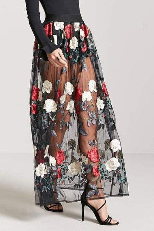 Black Floral Embroidered Crop Top Maxi Skirt Mesh Set - Tasha Apparel Wholesale